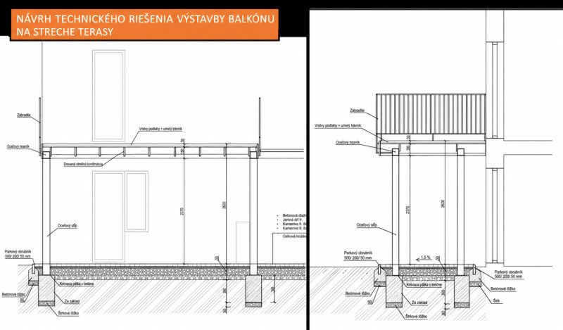 Az erkély terasz tetejére történő építésének műszaki rajzai acél tartószerkezettel.