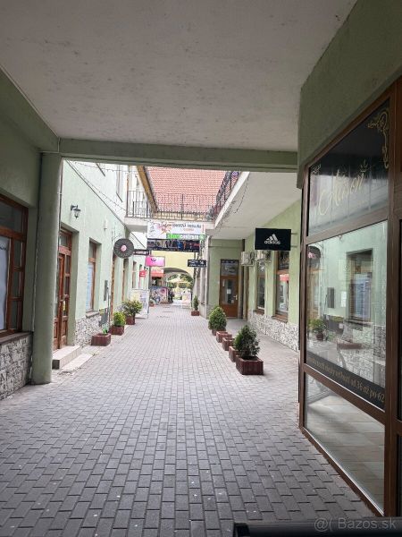 Üzlethelyiségekkel rendelkező átjáró Topoľčanyban, fákkal és táblákkal az épületeken.