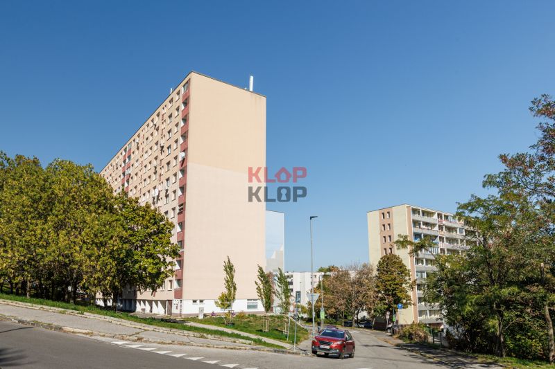 Lakóházak a pozsonyi Karlova Ves-i Adámiho utcában, zöldövezettel és úttal körülvéve.