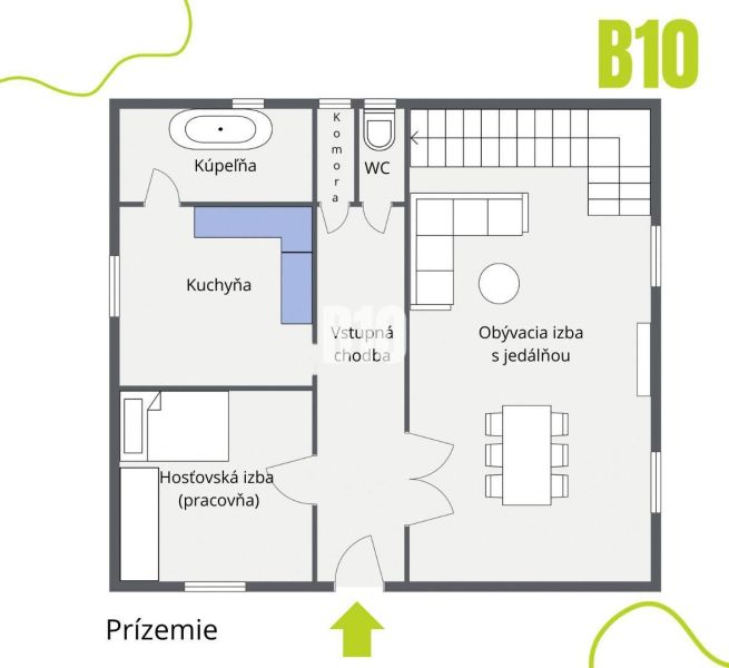 Családi ház földszinti alaprajza: nappali étkezővel, konyha, fürdőszoba, szobák.