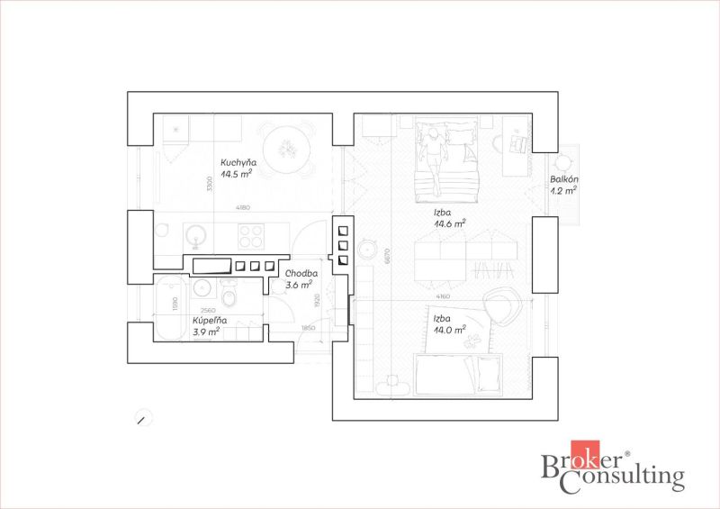 Két szobás lakás alaprajza konyhával, fürdőszobával és erkéllyel, 48,5 m².